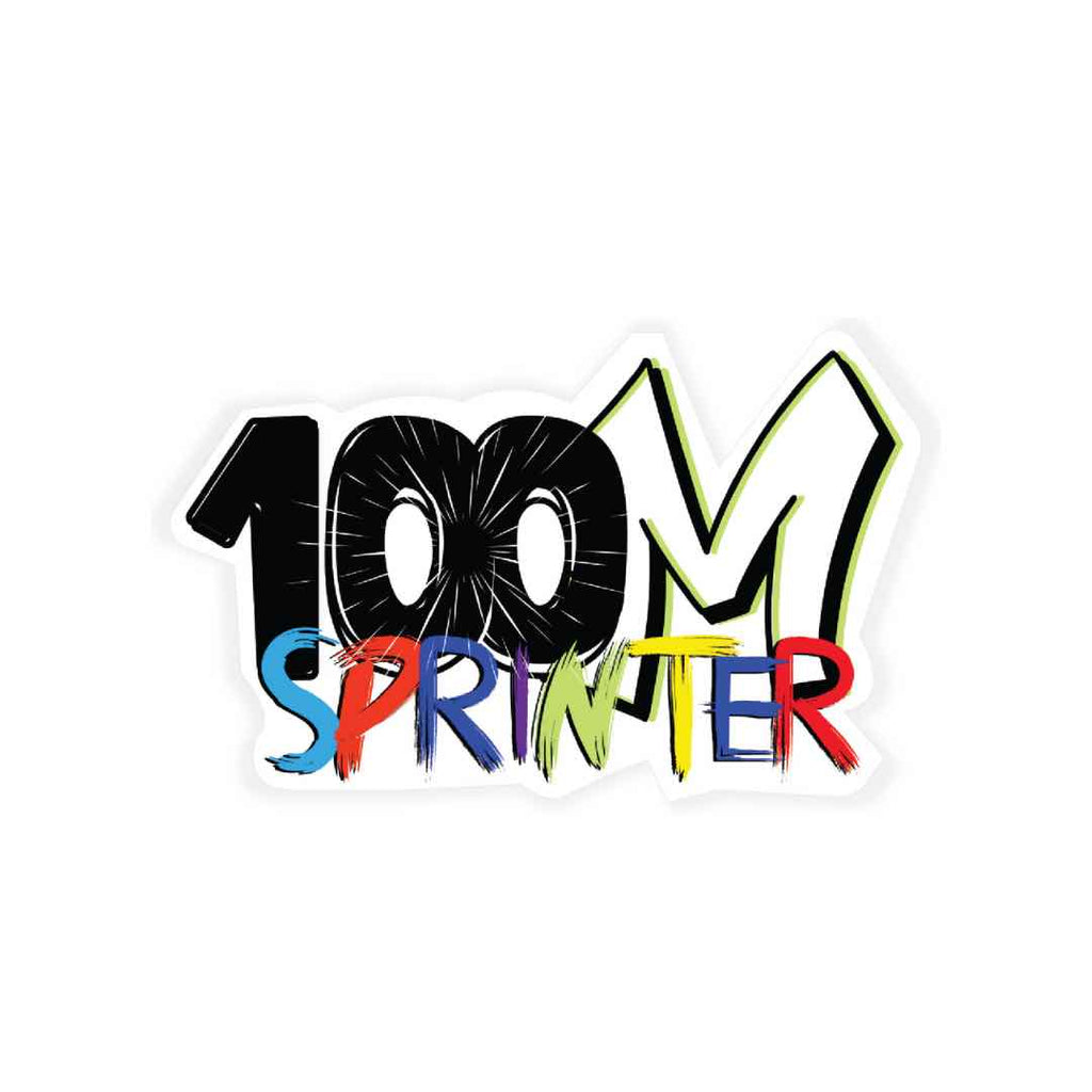 This '100M Sprinter' sticker design has a graffiti-style font. The number '100' is in black with a dynamic, speed-inspired effect, while the 'M' is outlined in black with a neon green highlight. 'SPRINTER' is written in vibrant, multicolored letters, adding an energetic and sporty feel.