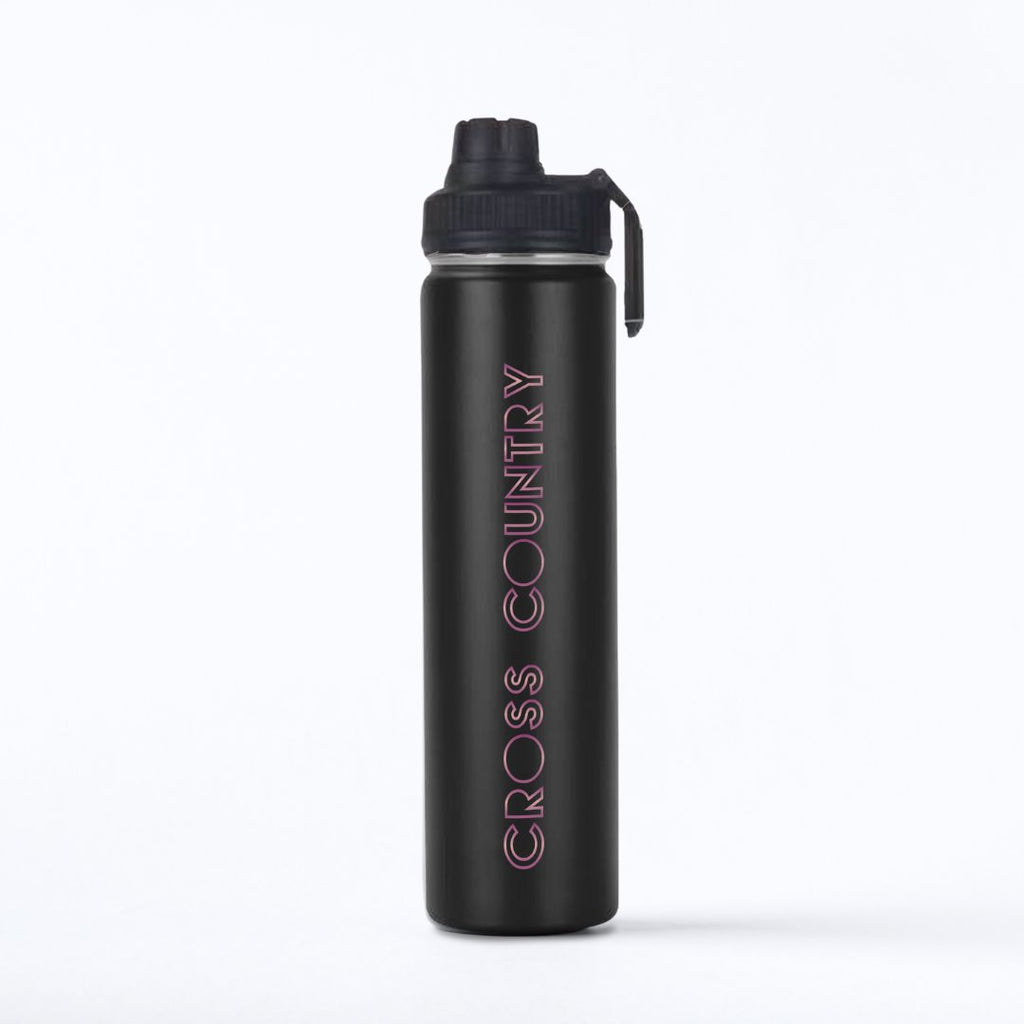 A black stainless steel water bottle with a wide mouth. This leak-proof lid is perfect for staying hydrated on the go. It has the word "CROSS COUNTRY" colorfully printed on it.  