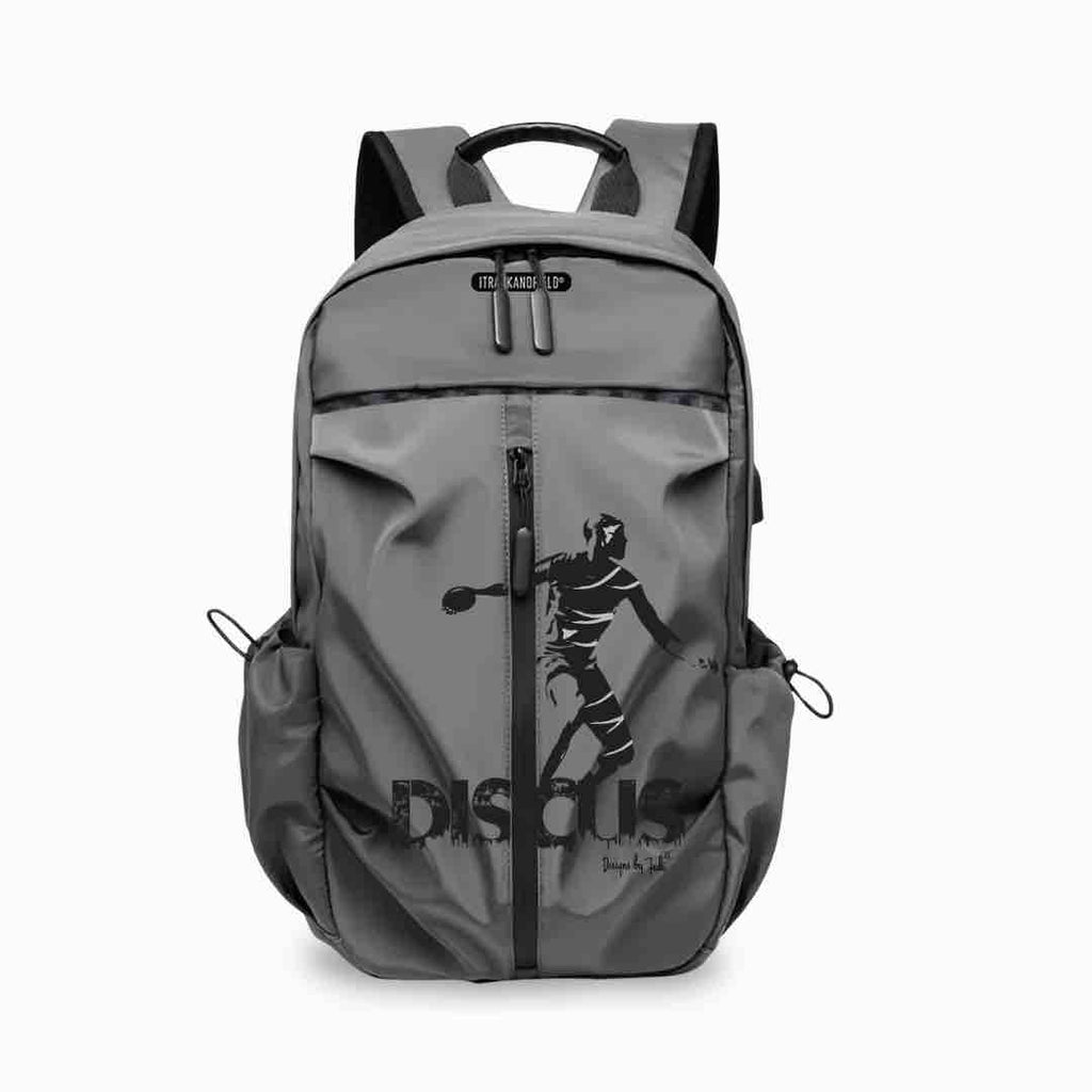 This grey backpack has a sleek design of a silhouette man and the words "DISCUS THROWER" printed on it with black. It has multiple compartments and it's waterproof. 